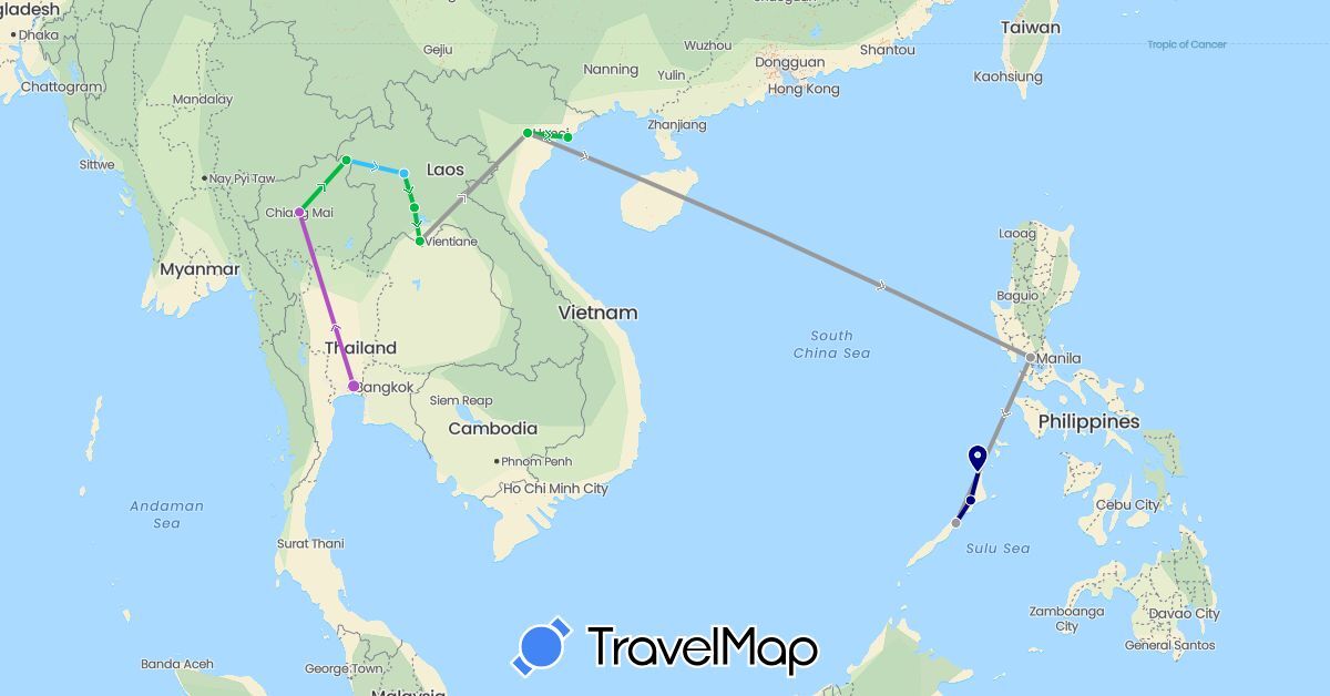 TravelMap itinerary: driving, bus, plane, train, boat in Laos, Philippines, Thailand, Vietnam (Asia)