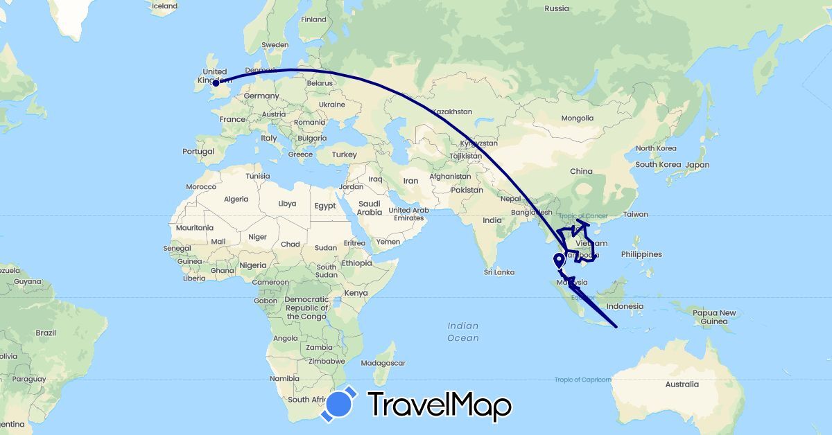 TravelMap itinerary: driving in United Kingdom, Indonesia, Cambodia, Laos, Malaysia, Thailand, Vietnam (Asia, Europe)